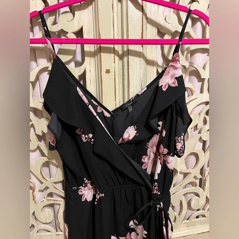 Black and Pink Floral Faux Wrap Dress - Picture 2 of 10